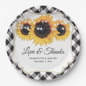 Schwarz-weißes Buffalo Karierte Sonnenblumenhochze Pappteller (Vorderseite)