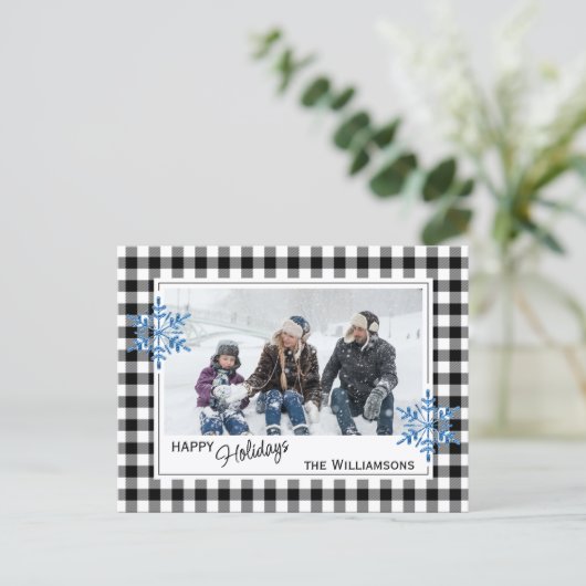 Schwarz-weißes Buffalo Lumberjack Kariert & Schnee Postkarte (Stehend Vorderseite)