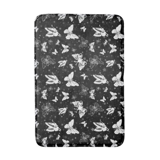 Schwarz-weißes Butterfly-Illustrations-Muster Badematte (Vorderseite Vertikal)