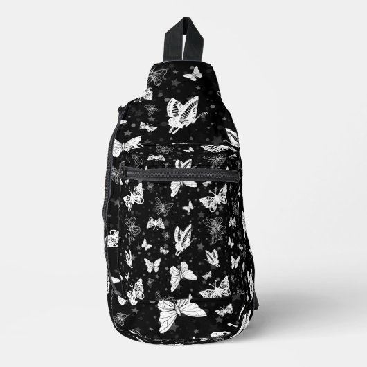 Schwarz-weißes Butterfly-Illustrations-Muster Crossbody Bag (Vorderseite)