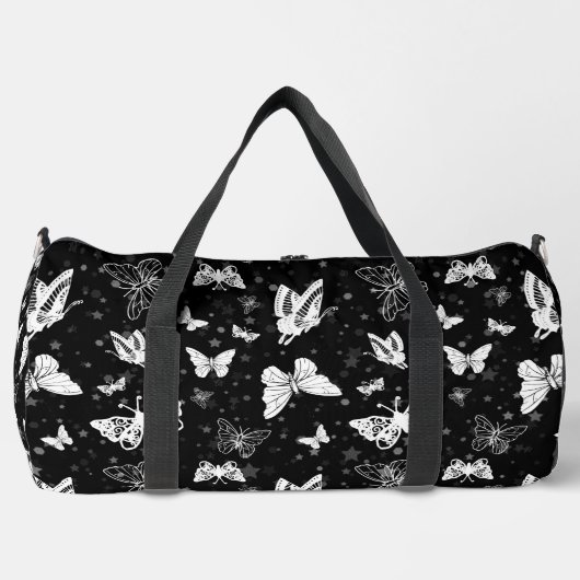 Schwarz-weißes Butterfly-Illustrations-Muster Duffle Bag (Vorderseite)
