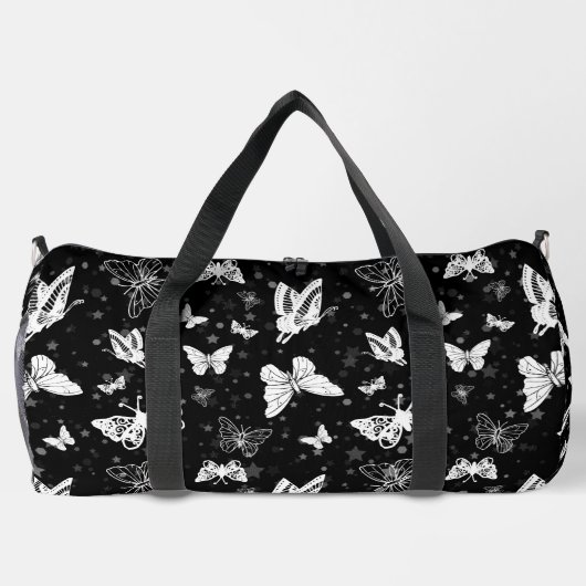 Schwarz-weißes Butterfly-Illustrations-Muster Duffle Bag (Rückseite)