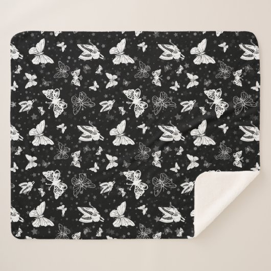 Schwarz-weißes Butterfly-Illustrations-Muster Sherpadecke (Vorderseite (Horizontal))