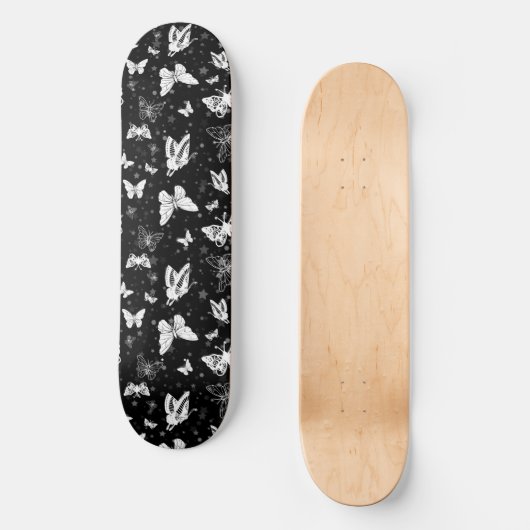 Schwarz-weißes Butterfly-Illustrations-Muster Skateboard (Vorderseite)
