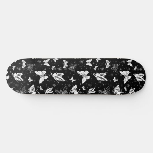Schwarz-weißes Butterfly-Illustrations-Muster Skateboard (Horizontal)