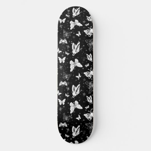 Schwarz-weißes Butterfly-Illustrations-Muster Skateboard (Vorderseite)