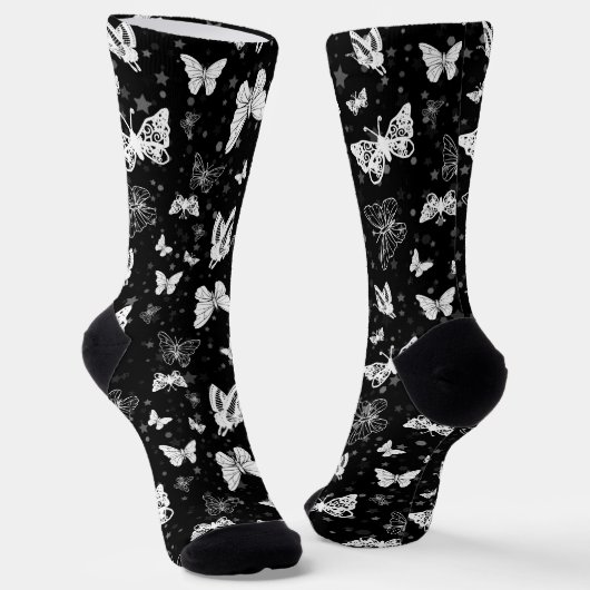 Schwarz-weißes Butterfly-Illustrations-Muster Socken (Gewinkelt)