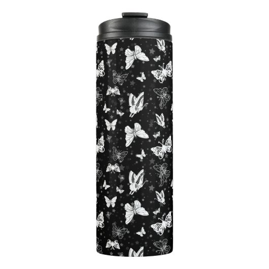 Schwarz-weißes Butterfly-Illustrations-Muster Thermosbecher (Vorderseite)