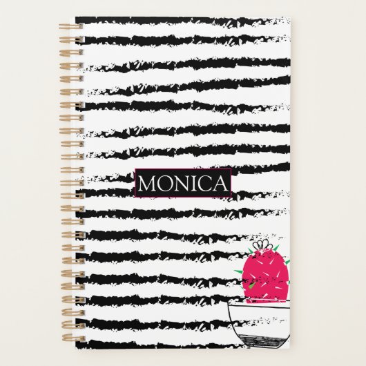 Schwarz-weißes Cactus muster monogram Planer (Vorderseite)