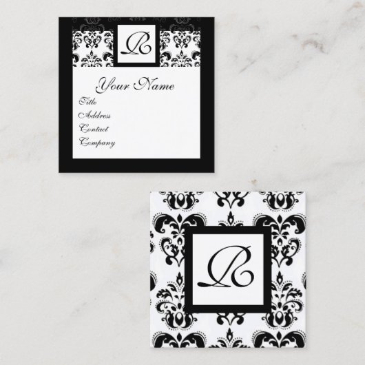 SCHWARZ-WEISSES CLASSIC DAMASK SQUARE MONOGRAMM QUADRATISCHE VISITENKARTE (Vorne/Hinten)
