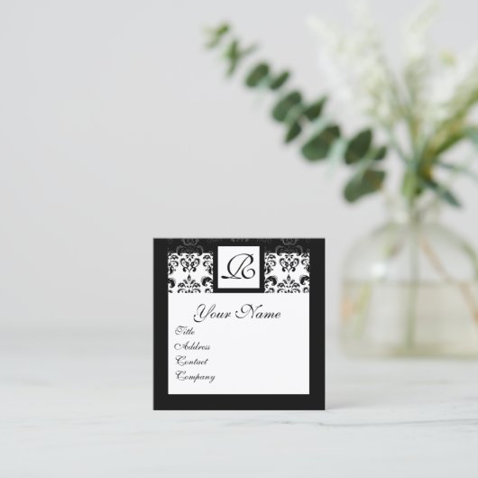 SCHWARZ-WEISSES CLASSIC DAMASK SQUARE MONOGRAMM QUADRATISCHE VISITENKARTE (Stehend Vorderseite)