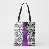 SCHWARZ-WEISSES DAMASK-FLORAL, LILA GEM-MONOGRAMM TASCHE (Vorderseite)