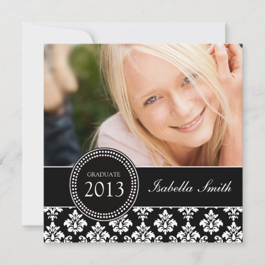 SCHWARZ-WEISSES DAMASK-GRADUAT-PARTY EINLADUNG (Vorderseite)