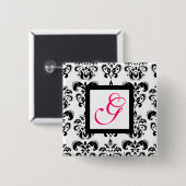SCHWARZ-WEISSES DAMASK SQUARE PINK FUCHSIA MONOGRA BUTTON (Vorne & Hinten)