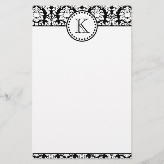 Schwarz-weißes Damaskusmuster Monogramm Briefpapier (Vorderseite)