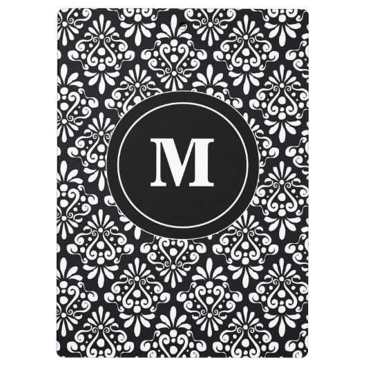 Schwarz-weißes Damast-Monogramm-Klemmbrett Klemmbrett (Rückseite)