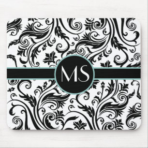 Schwarz-weißes Damast-Monogramm Mousepad