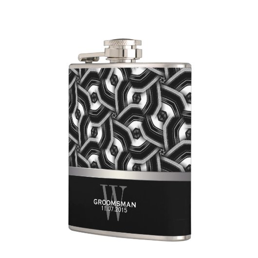 Schwarz-weißes Disc-Muster-Trauzeuge-Geschenk Flachmann (Links)