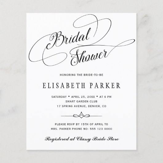 Schwarz-weißes Drehbuch zur Brautdusche (Vorderseite)