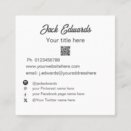 Schwarz-weißes einfaches Foto Social Media Quadratische Visitenkarte (Rückseite)