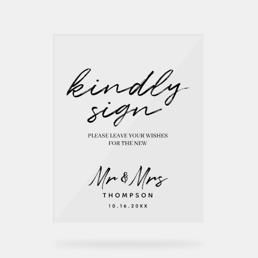 Schwarz-weißes einfaches Skript-Gästebuchsignatur Acrylschild (Vorderseite)