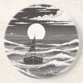 Schwarz-weißes einsames Boot in Schwierigkeiten au Getränkeuntersetzer (Vorne)