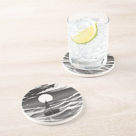 Schwarz-weißes einsames Boot in Schwierigkeiten au Getränkeuntersetzer (Seite)