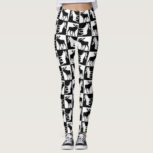 Schwarz-weißes Elchmuster Leggings (Vorderseite)