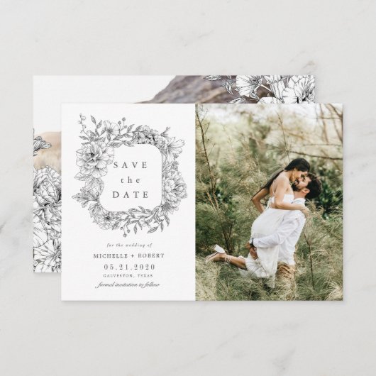 Schwarz-weißes, elegantes, blumengeschmücktes Zwei Einladung (Vorne/Hinten)