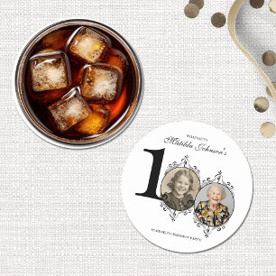 Schwarz-weißes elegantes Foto 100. Geburtstagspart Runder Pappuntersetzer