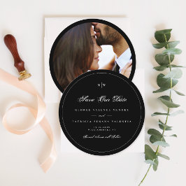 Schwarz-weißes elegantes Round-Foto Save the Date Einladung