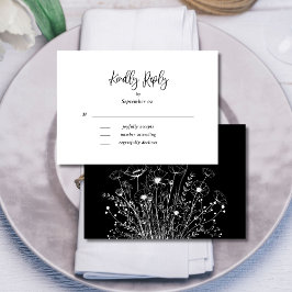 Schwarz-weißes, elegantes Script-Blumenzettel RSVP