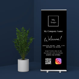 Schwarz-weißes Firmenlogo für Öffnungszeiten QR In Ausziehbarer Banner