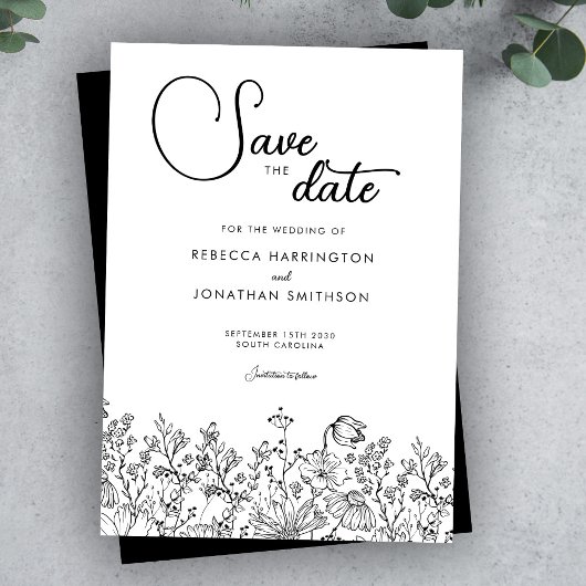 Schwarz-weißes florales Elegante Hochzeit Save the Save The Date