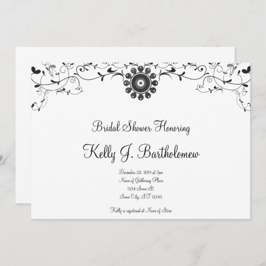 Schwarz-weißes florales Geblüht Brautparty Einladung (Vorne/Hinten)