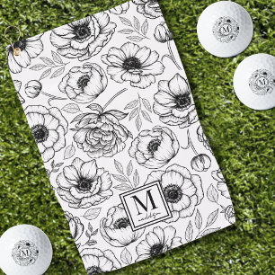 Schwarz-weißes florales Monogramm Golfhandtuch