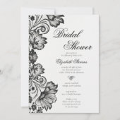 Schwarz-weißes florales Spitzen formales Chic-Brau Einladung (Vorderseite)