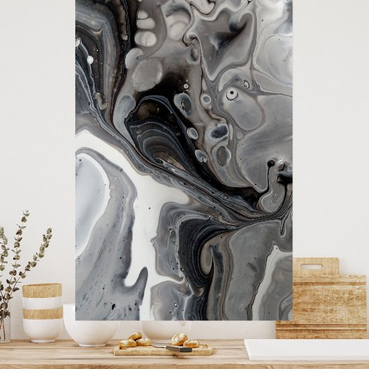 Schwarz-weißes Fluid Abstrakt Grau Silber Poster (Küche)