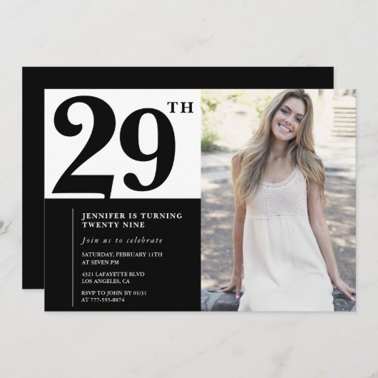 Schwarz-weißes Foto 29. Geburtstag Einladungen (Vorne/Hinten)