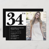 Schwarz-weißes Foto 34. Geburtstag Einladungen (Vorne/Hinten)
