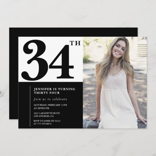 Schwarz-weißes Foto 34. Geburtstag Einladungen (Vorne/Hinten)