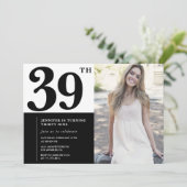 Schwarz-weißes Foto 39. Geburtstag Einladungen (Stehend Vorderseite)
