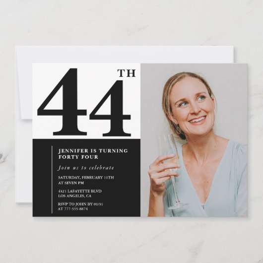 Schwarz-weißes Foto 44. Geburtstag Einladungen (Vorderseite)