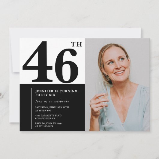 Schwarz-weißes Foto 46. Geburtstag Einladungen (Vorderseite)