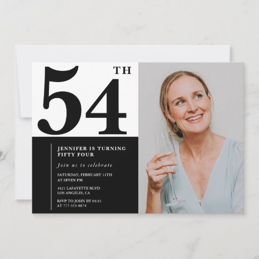 Schwarz-weißes Foto 54. Geburtstag Einladungen (Vorderseite)