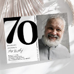 Schwarz-weißes Foto 70. Geburtstagsparty Einladung<br><div class="desc">Mit diesen klassischen Schwarz-Weiß-Geburtstagsfeiern können Sie bei Ihrem 70. Geburtstagsbash bleibende Erinnerungen erschaffen! Diese Einladungen mit einem großen, fetten Serif-Schriftart, der die Nummer '70', ein Foto des Geburtstagsjungen / -mädchens und eine moderne Vorlage zeigt, die leicht zu personalisieren ist, werden den Geist des Ereignisses einfangen. Mit ihrem einzigartigen Design werden...</div>