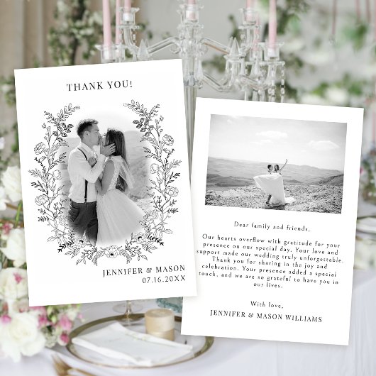 Schwarz-weißes Foto für Hochzeitsfeiern in Blume Dankeskarte
