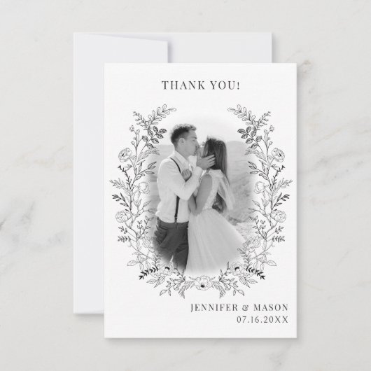 Schwarz-weißes Foto für Hochzeitsfeiern in Blume Dankeskarte (Vorderseite)