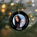 Schwarz-weißes Foto Geburtstag Keramik Ornament<br><div class="desc">Ein klassischer schwarzer Hintergrund. Personalisieren und fügen Sie einen Namen,  Datum,  Alter und Foto.</div>