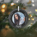 Schwarz-weißes Foto Geburtstag Ornament Aus Glas<br><div class="desc">Ein klassischer schwarzer Hintergrund. Personalisieren und fügen Sie einen Namen,  Datum,  Alter und Foto.</div>